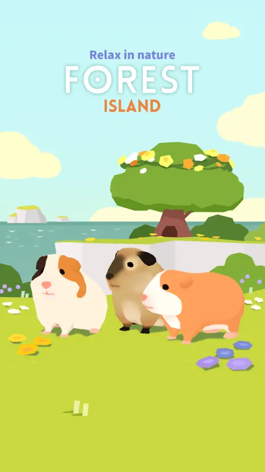 Schermata di apertura di Forest Island: Relaxing Game con l'isola e gli animali
