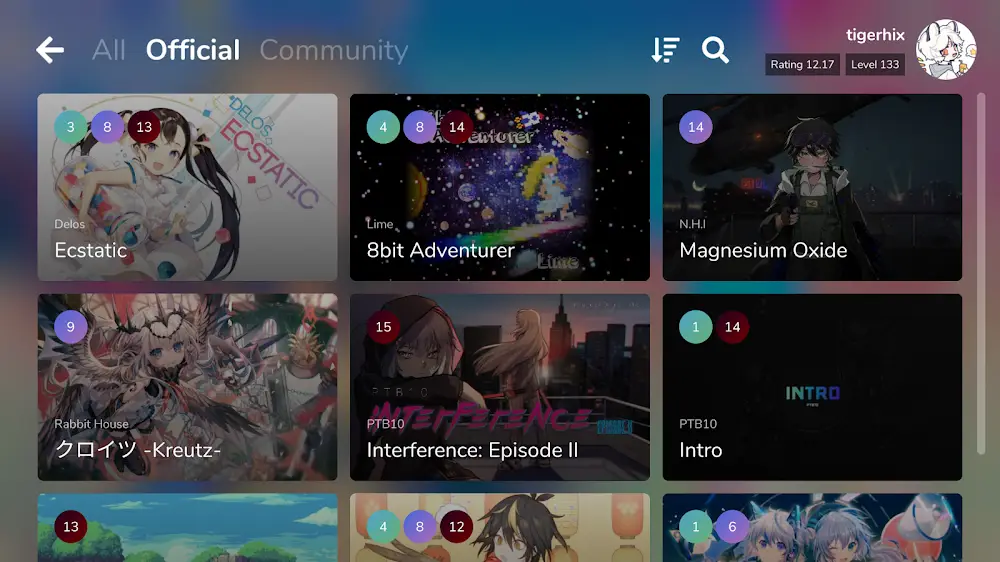 Il catalogo interno dei livelli della comunità in Cytoid: Community Rhythm Game